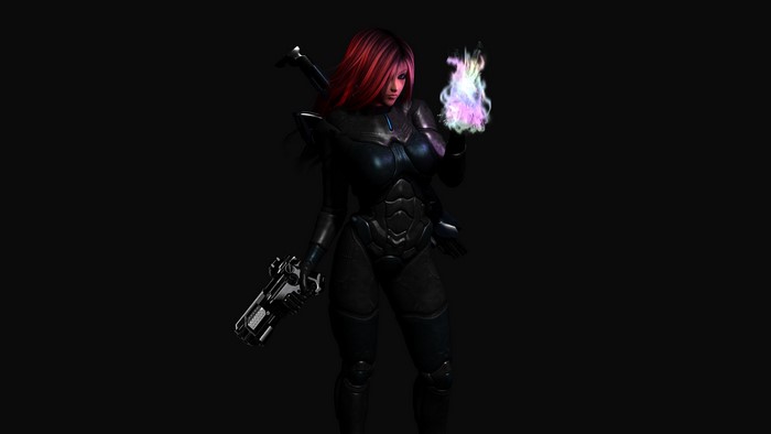 Redhead girl with armor and magic pistol