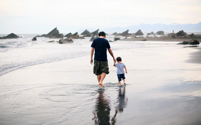Father and son walking on a beach