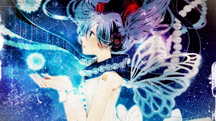 Hatsune Miku with butterfly wings in starry background