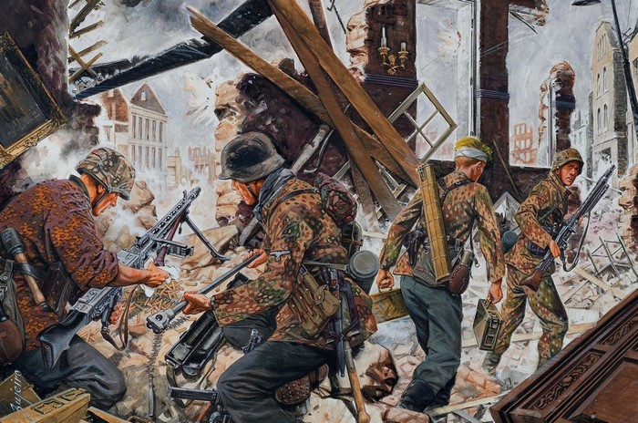 Soldiers operating a machine gun in a destroyed building