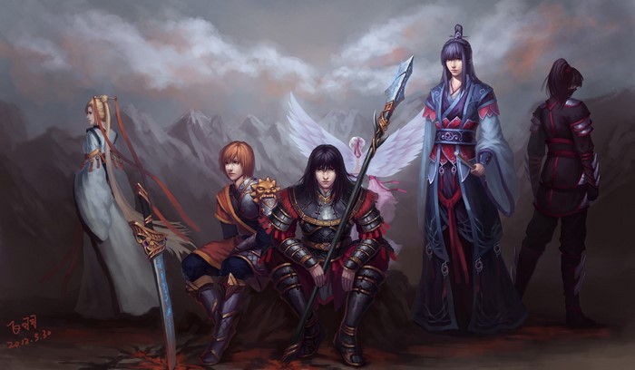 Five warriors in armor with weapons in a mountainous landscape