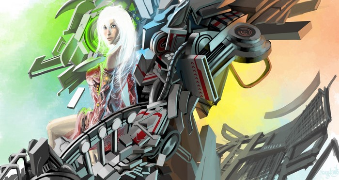 Blonde girl with robot in technics fantasy art
