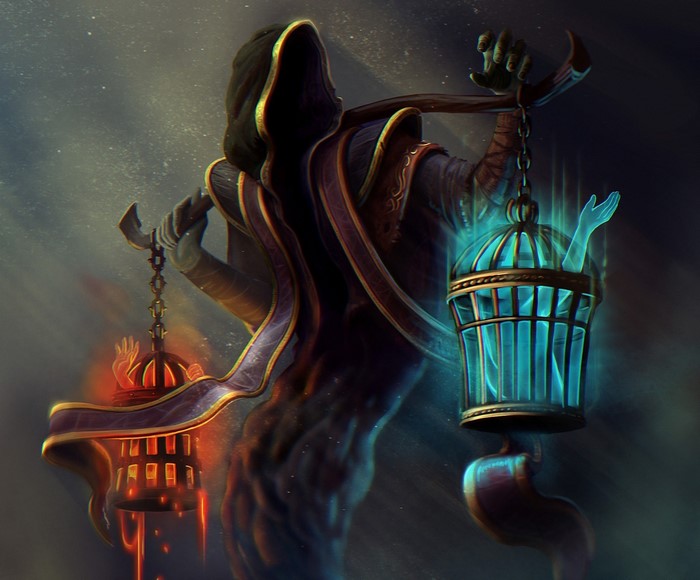 Hooded figure carrying cages with hands