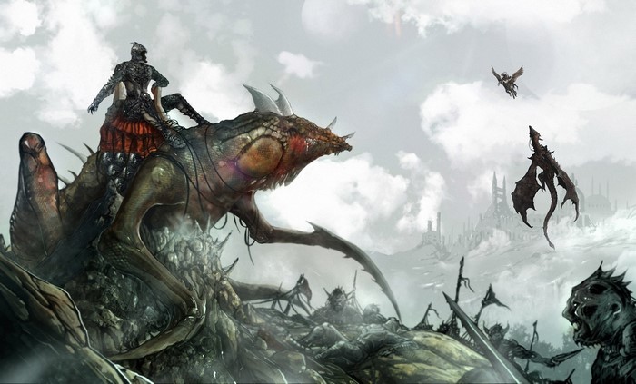 Warrior riding a creature with flying creatures in the sky