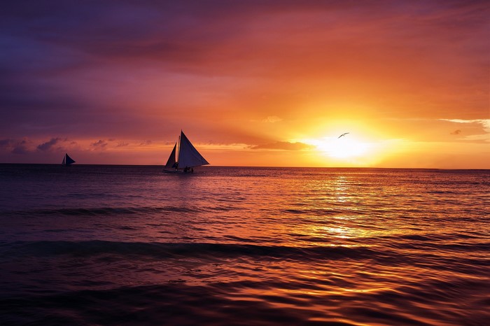 Sailboats on the ocean at sunset