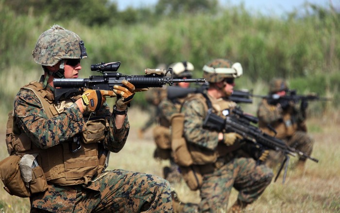 Marines in formation with rifles