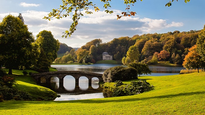 Stourhead Gardens, Wiltshire, England with bridge and temple
