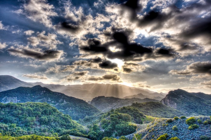 Malibu Mountains California with Sun Rays Through Clouds