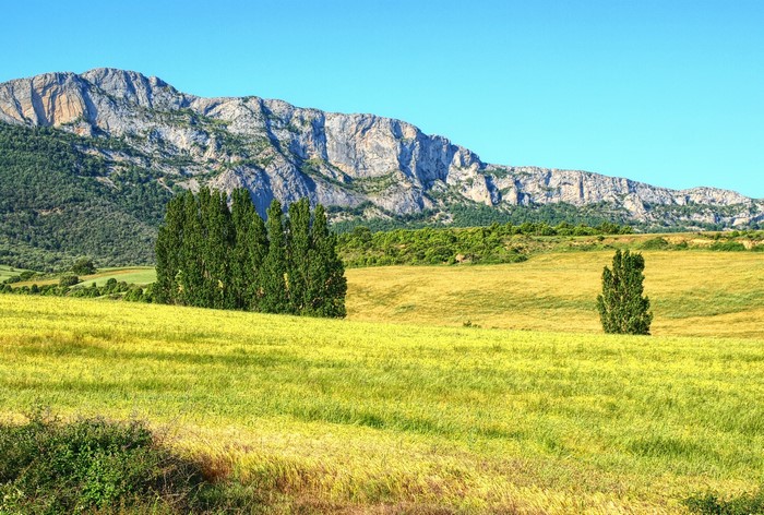Mountain range and fields in Basque Country, Spain