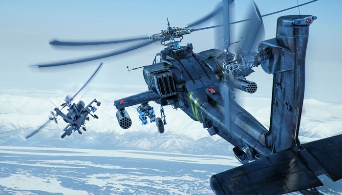 Two AH-64 Apache helicopters in flight over a snowy landscape