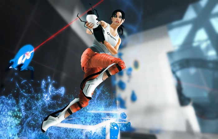 Chell from Portal 2 jumping with portal gun