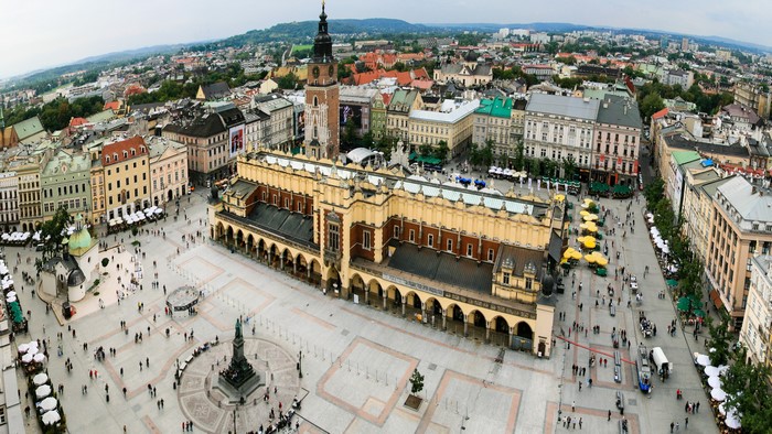 Krakow Main Market Square with Cloth Hall and Town Hall Tower