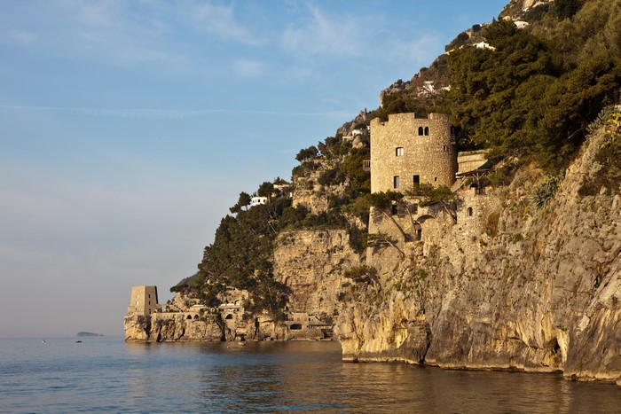 Coastal towers on a cliffside in Positano, Italy
