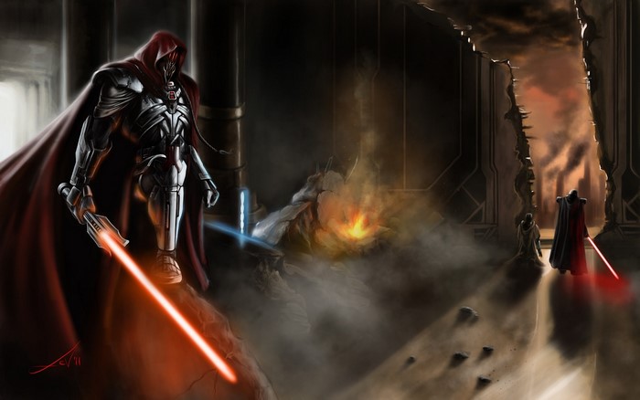 Star Wars warriors with lightsabers in a ruined arena