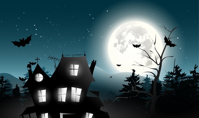 Halloween House with Bats and Moon