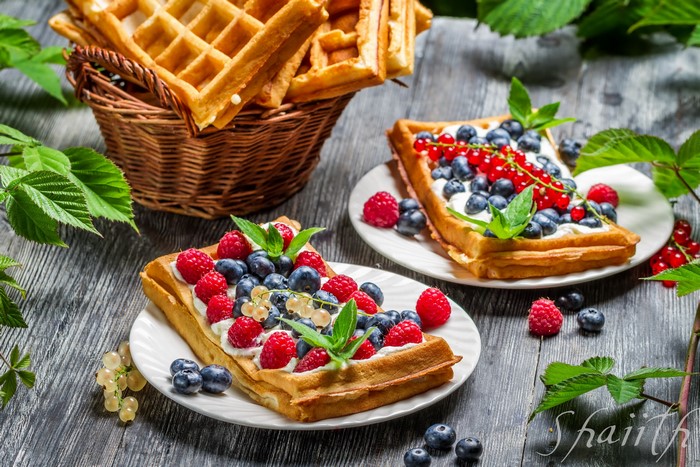 Waffles with fresh berries and cream