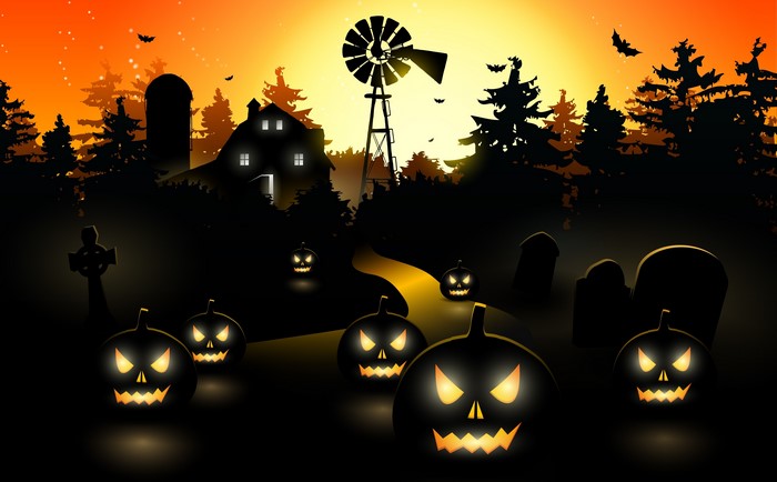 Halloween Farm with Pumpkins and Graveyard at Sunset