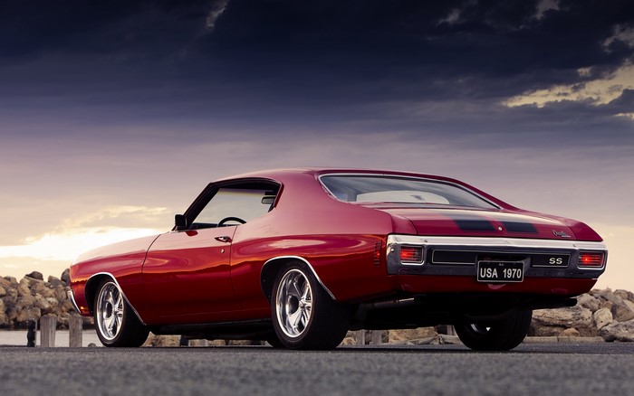 Red 1970 Chevrolet Chevelle SS from behind