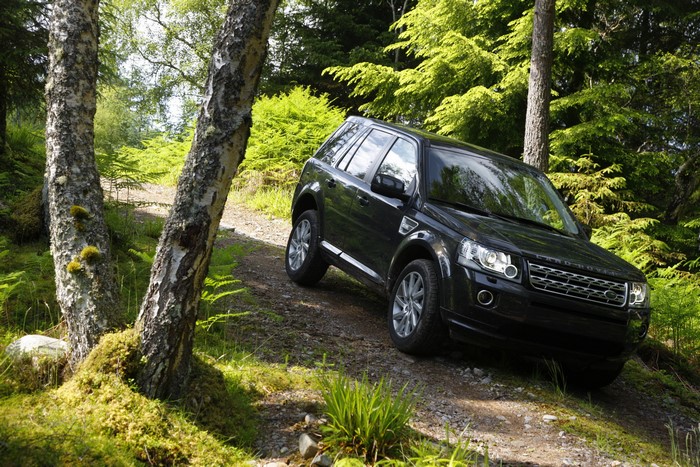 Black Land Rover Freelander 2 on a forest path