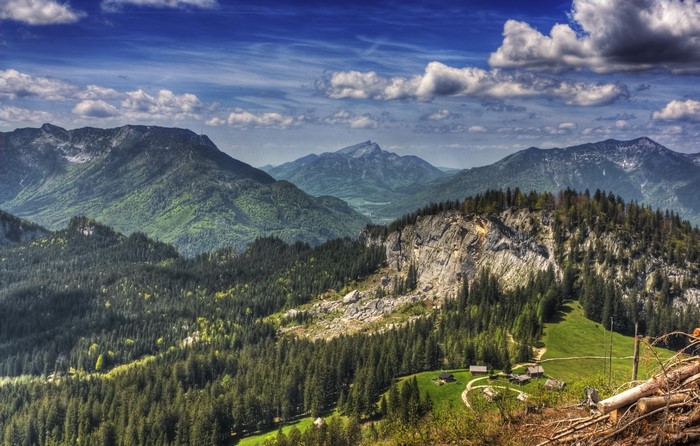Mountain landscape with forests and houses in Goisern, Austria