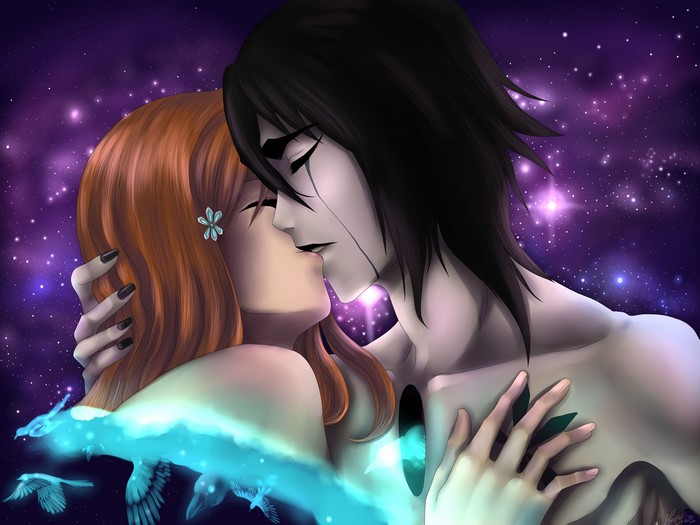 Couple kissing in a starry galaxy