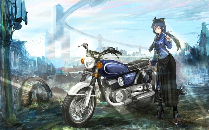 Girl with cat ears and motorcycle in a futuristic city