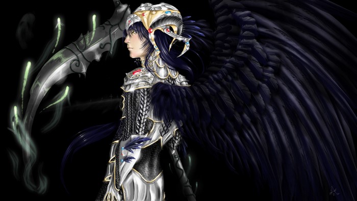 Angel with black wings and ornate armor