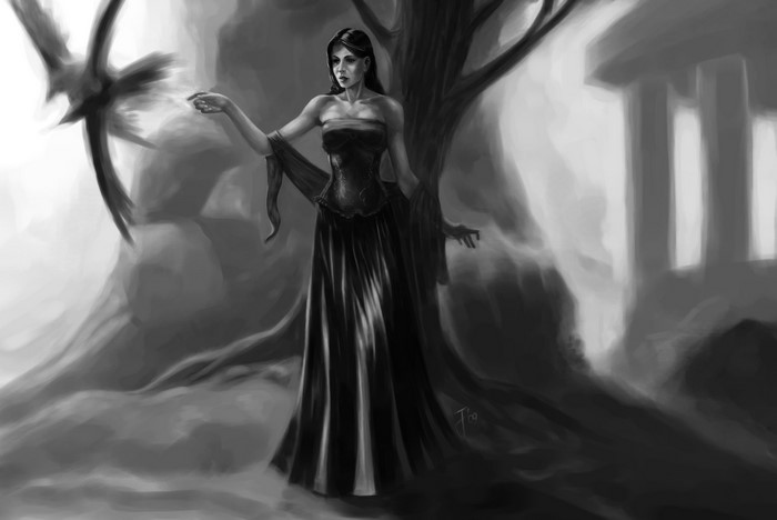 Gothic fantasy woman in a dark dress with a bird