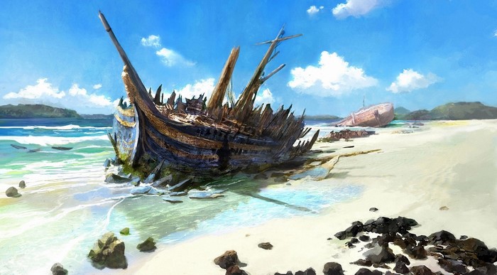 Shipwrecks on a sandy beach under a blue sky