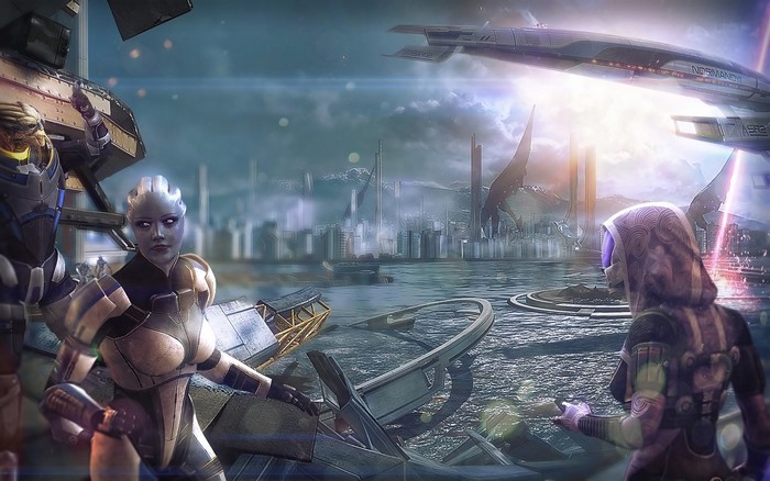 Mass Effect characters in a futuristic city