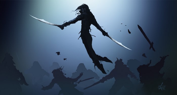 Silhouette warrior with sabers jumps over shadowy figures