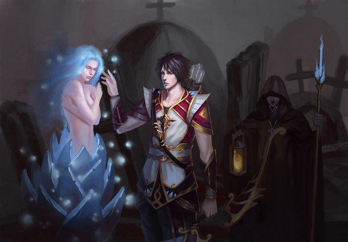 Archer and spectral woman in a graveyard