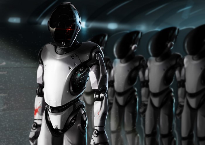 Robots in a line with a damaged robot in front