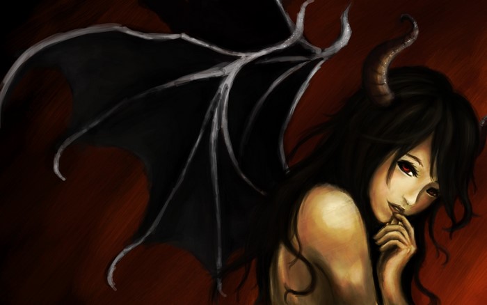 Demon girl with black wings and horns