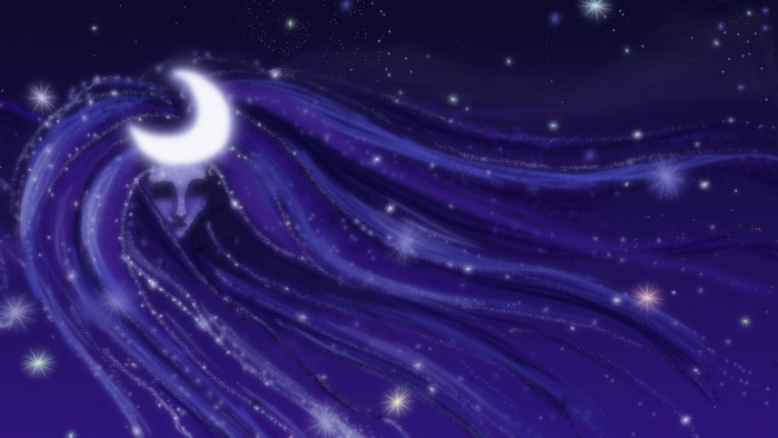 Woman with crescent moon on head and starry hair