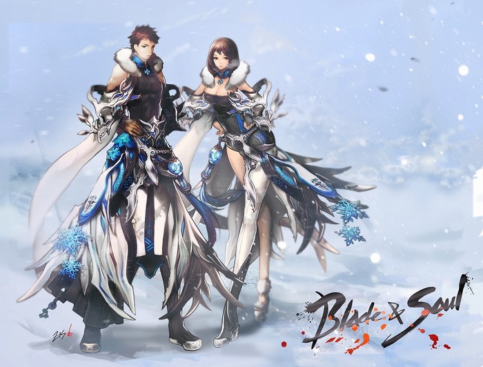 Blade & Soul male and female warriors in winter attire
