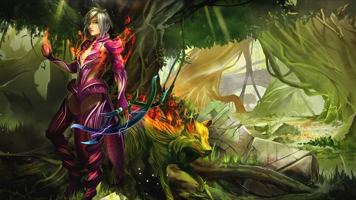 Warrior woman with magical wolf in enchanted forest