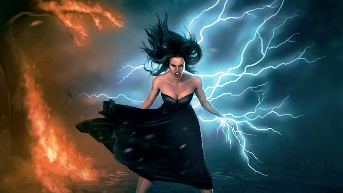 Woman wielding lightning and fire