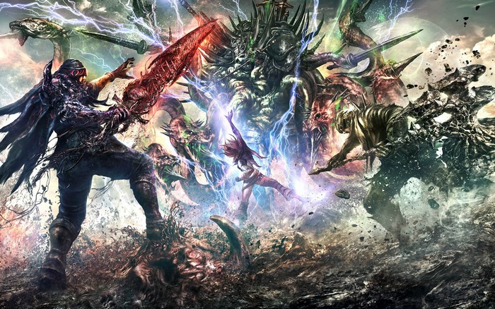 Warriors battling monsters with lightning