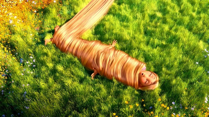 Rapunzel from Tangled lying in grass
