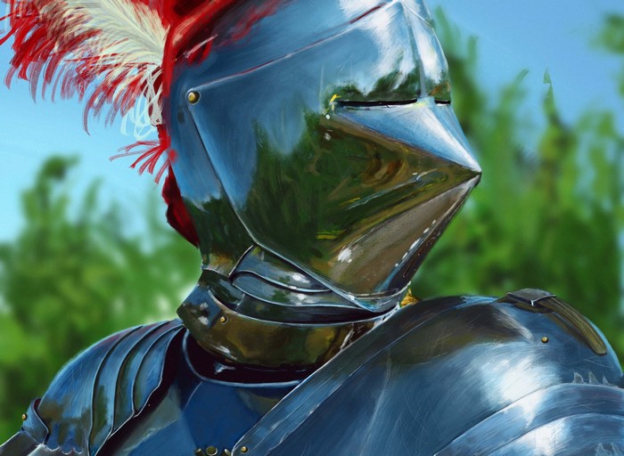Knight in shining armor with red and white plume