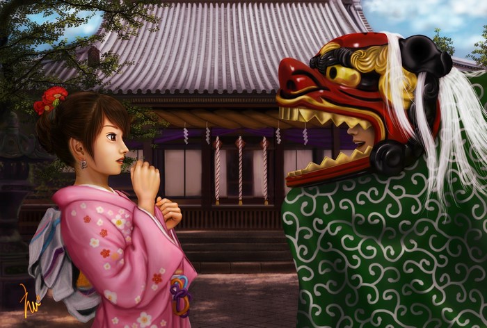 Girl in Kimono and Lion Dance Costume at Shrine