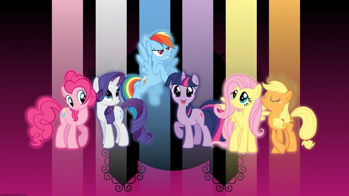 My Little Pony characters standing in front of colorful stripes