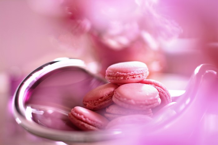 Pink Macarons in a Silver Bowl