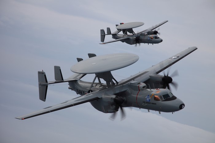 Two Northrop Grumman E-2 Hawkeye Aircraft Flying