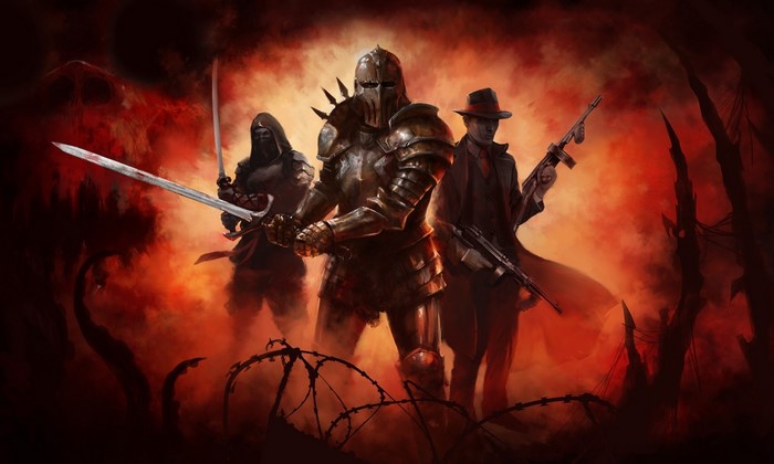 Warriors in armor and a gangster with guns
