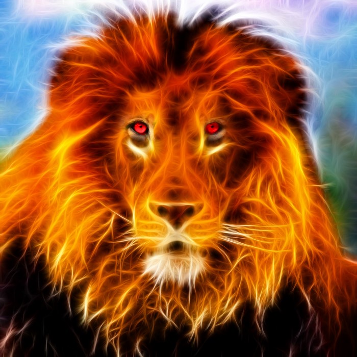 Lion with fiery mane and red eyes
