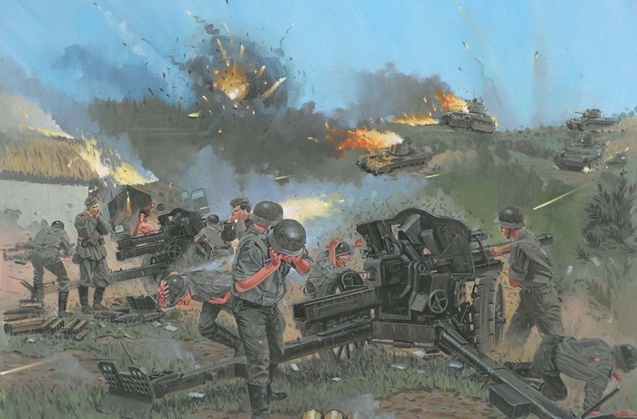 Soldiers firing a cannon during a battle with tanks