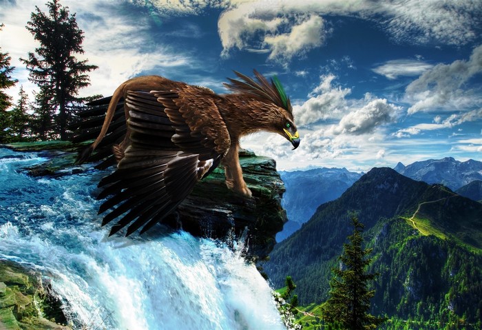 Gryphon on a cliff overlooking mountains and waterfall