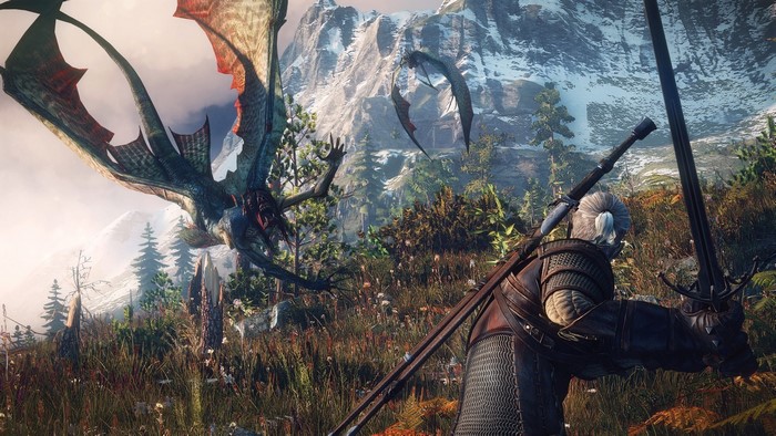 Geralt of Rivia fighting dragons in The Witcher 3